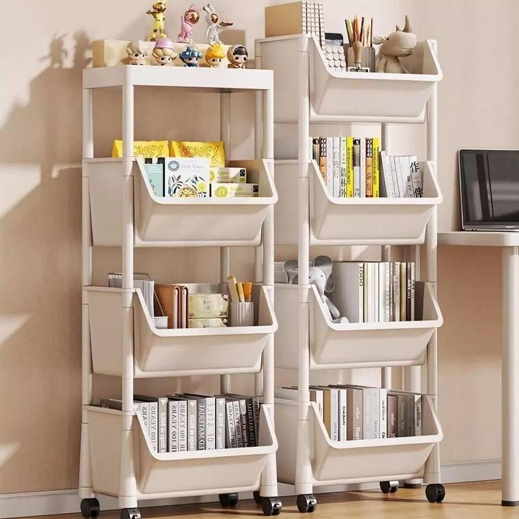 Rak Susun Penyimpanan Terbuka Serbaguna Rak Trolley Susun Dengan Roda Rak Buku