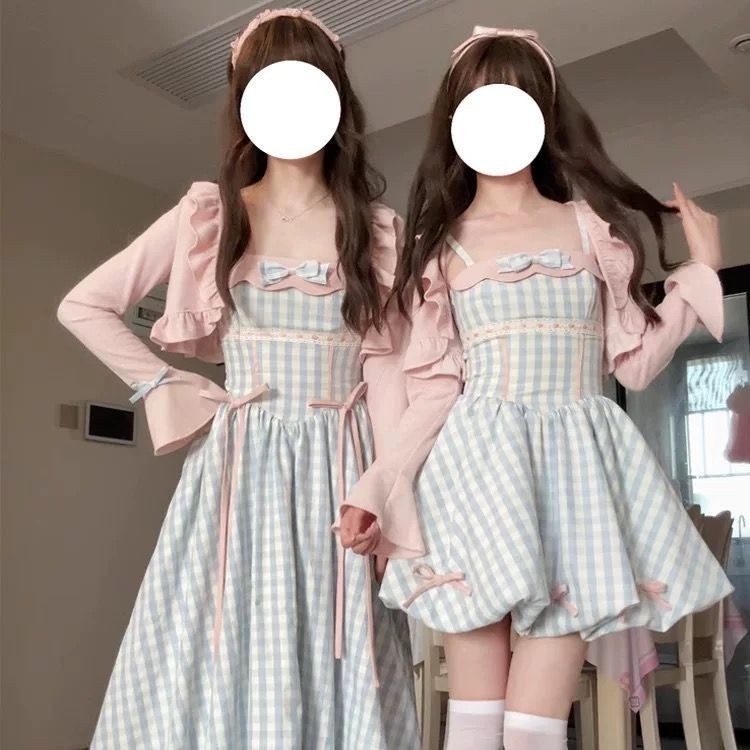 ChuRan  Rok Suspender Kotak-Kotak Biru Panjang Dan Pendek Rajutan Merah Muda Gaya Manis