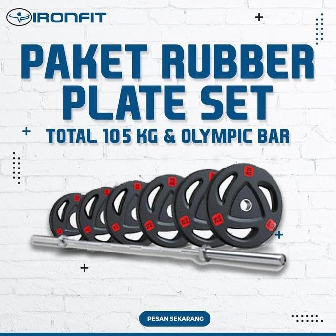 TERBARU - PAKET RUBBER PLATES TOTAL 105KG dan OLYMPIC BAR