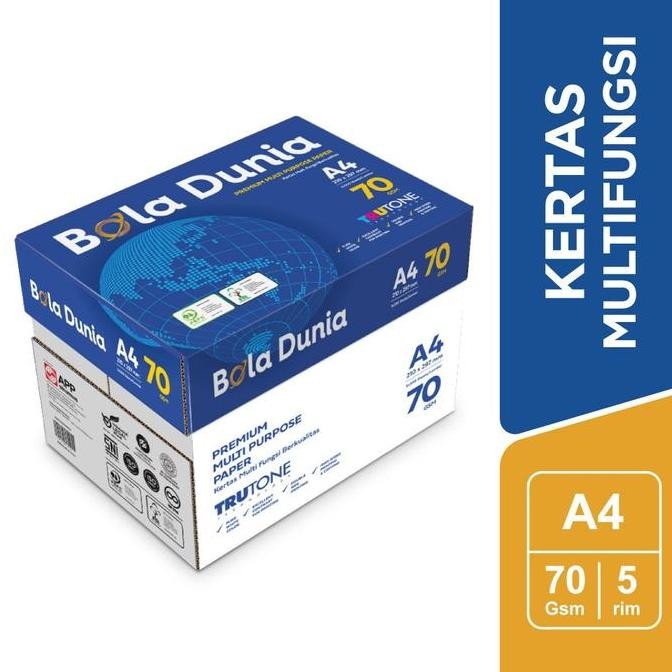 

NEW Bola Dunia Kertas Fotocopy 70 GSM A4 - 1 Boks = 5 Rim - BDA PC 70 A4