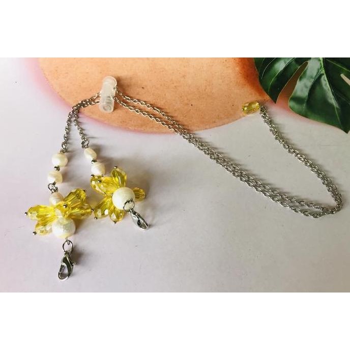 Baru  konektor pengait masker hijab 2 in 1 Rantai Mutiara Asli x Kristal