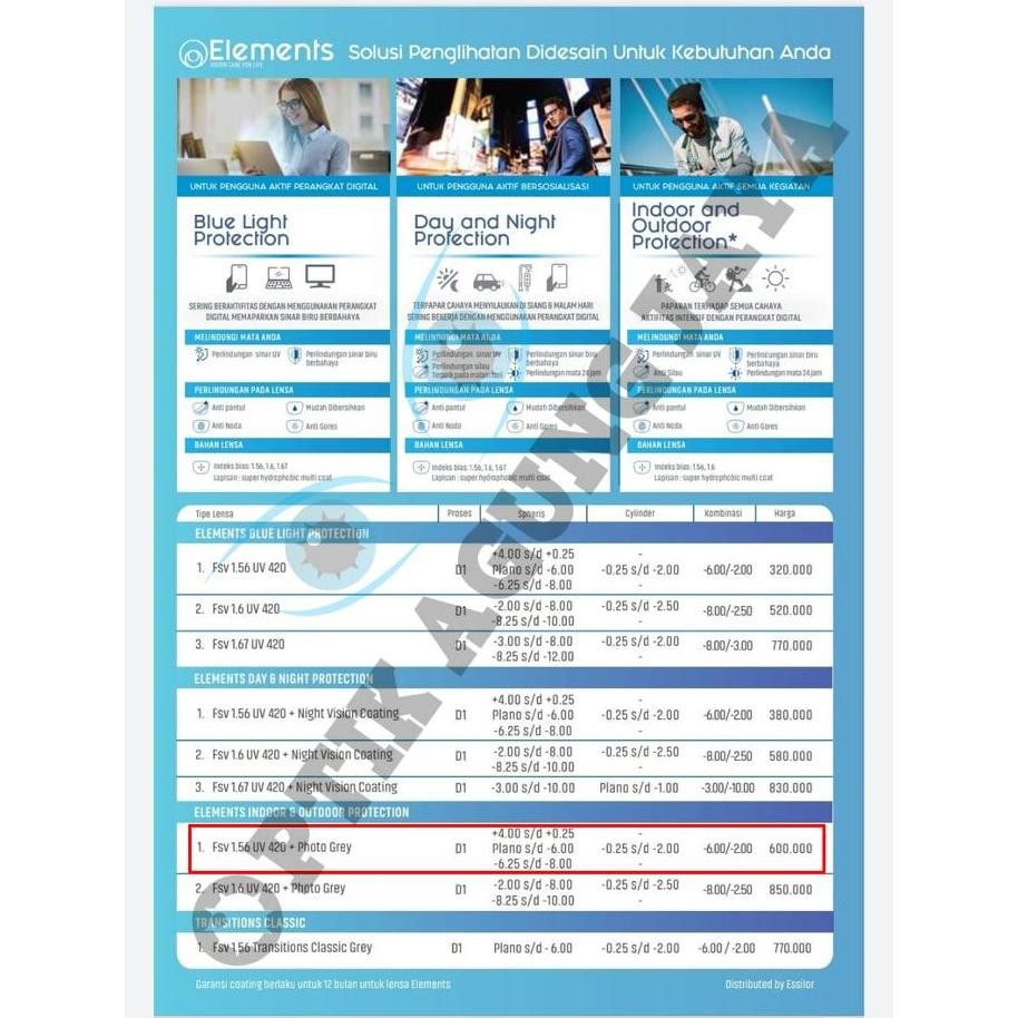 Lensa Elements By Essilor Bluecromic Protection UV420 Bergaransi Ori