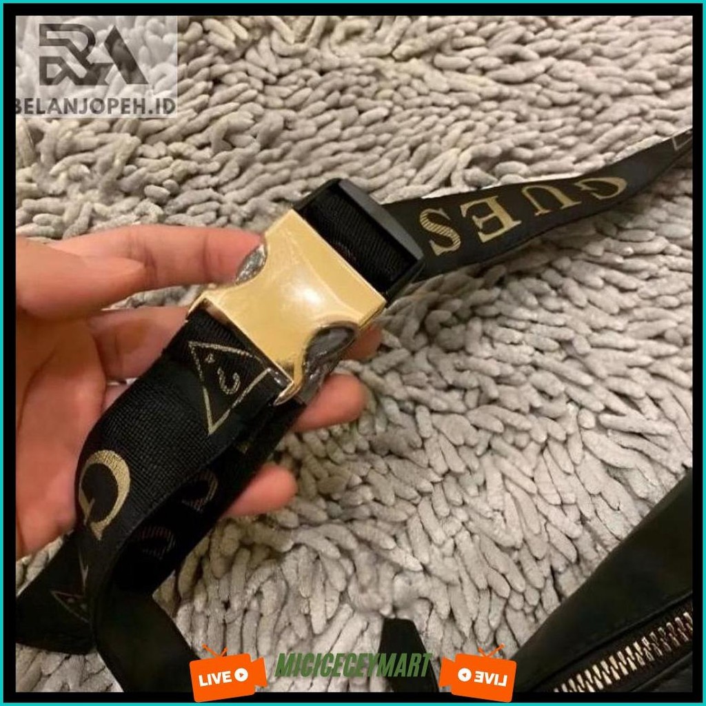 Anti Air  High Quality Waistbag Guess Black Gold Import Waterproof Unisex  | Tas Pinggang Kulit / Wa