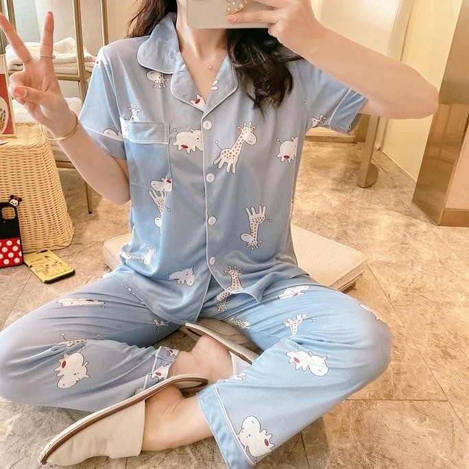 SALE PIYAMA WANITA JUMBO YOOYI SET KEMEJA CELANA PANJANG LENGAN PENDEK MOTIF KOREA CEWEK REMAJA