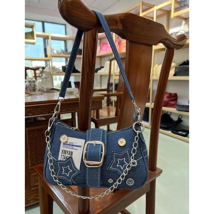 

Baru Tas Bahu Bulan Sabit Denim Bintang - Tas Selempang Kanvas Wanita Fashion Korea Unik