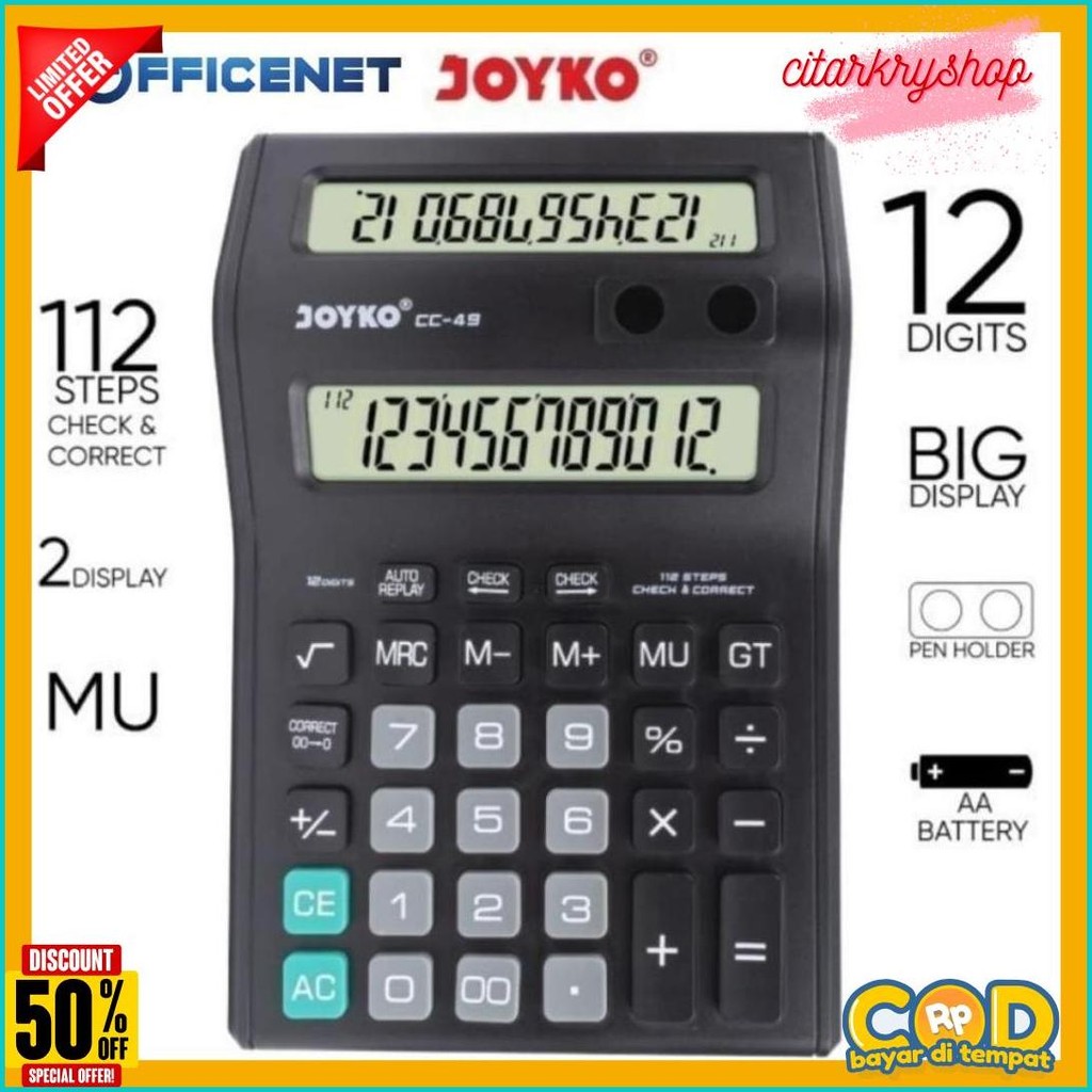 

Kalkulator Dagang 2 Layar Cc 49 Dual Display Calculator 12 Digit Joyko (Gratis Baterai) Flash Sale! Diskon Hingga 70%