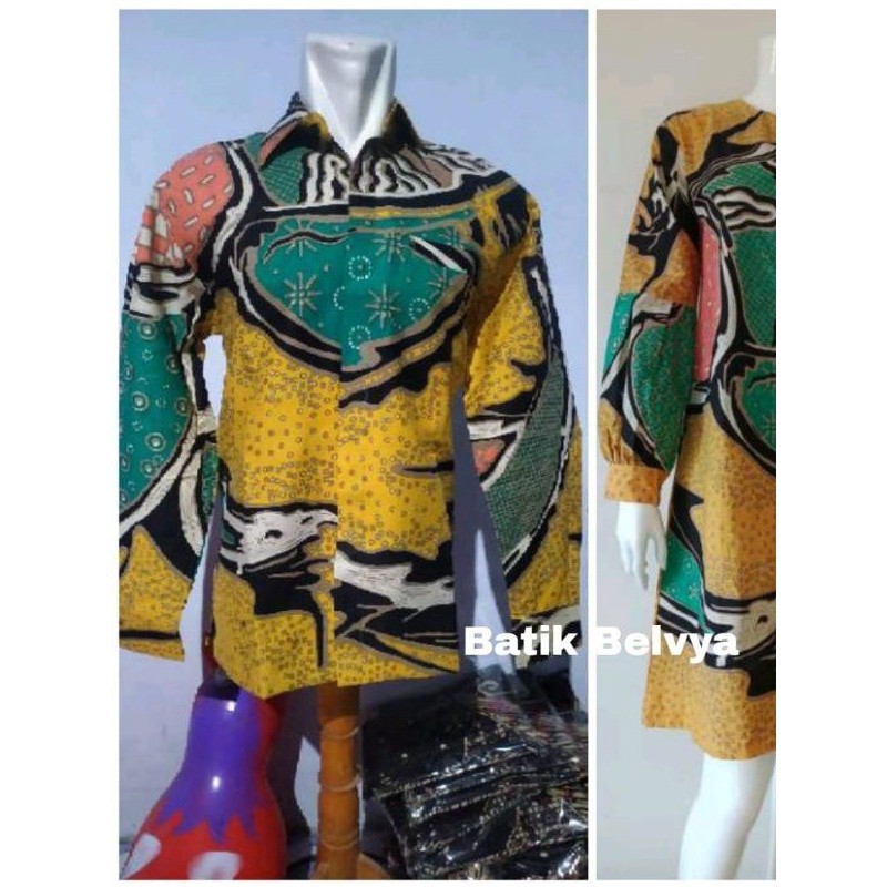 Set couple batik motif kuning abstrak / Batik sragen / batik solo / dress batik / tunik batik / keme