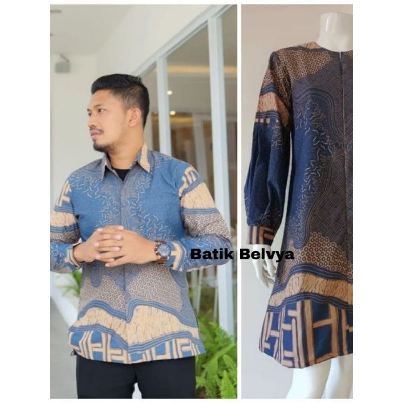 set couple batik motif ombak biru / Batik sragen / batik solo / dress batik / tunik batik / kemeja b