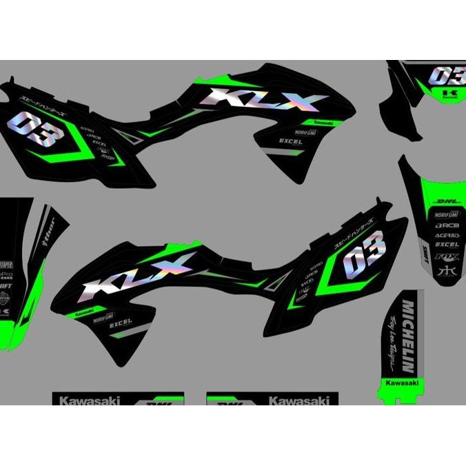 Decal stiker KLX 150 BF motif elegant hitam list hijau kombinasi hologram