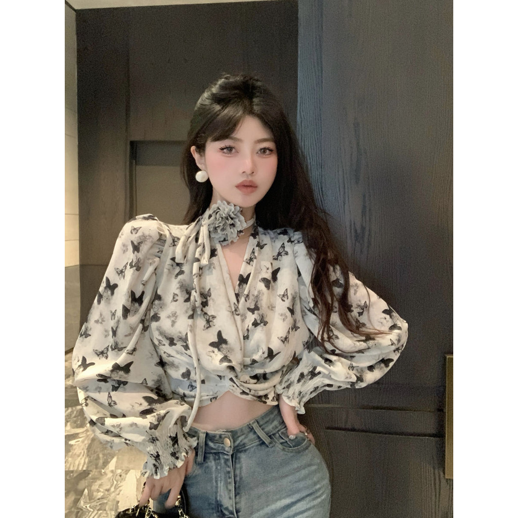 Vintage Butterfly Print Twist Knot V-Neck Chiffon Blouse Slim Fit Elegant Long Sleeve Shirt
