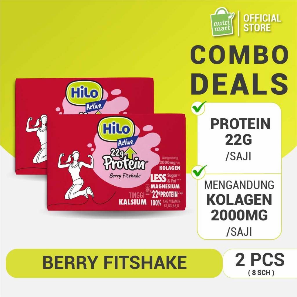 Twin Pack - HiLo Active 22g Protein Berry Fitshake 8 Sch dengan Alga merah - Susu Tinggi Whey Protei
