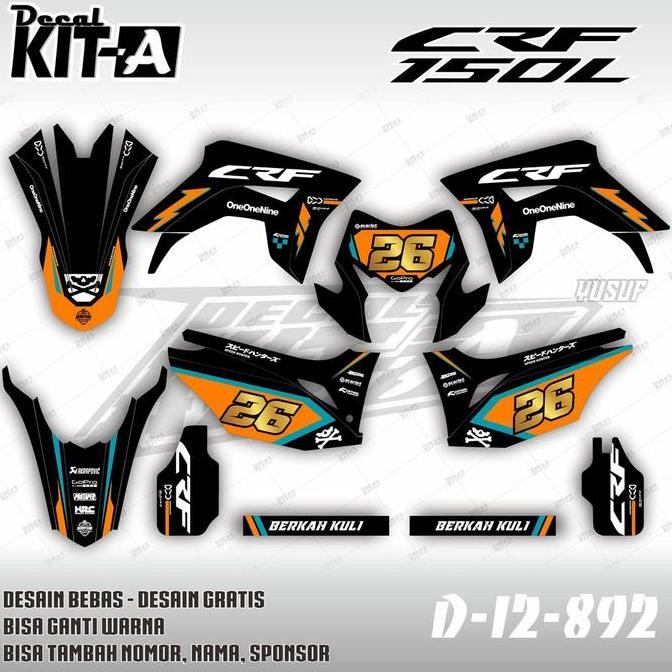 Decal Sticker Motor CRF 150l Desn Custom Motif Hitam Orange Lis Tosca D-I2-917
