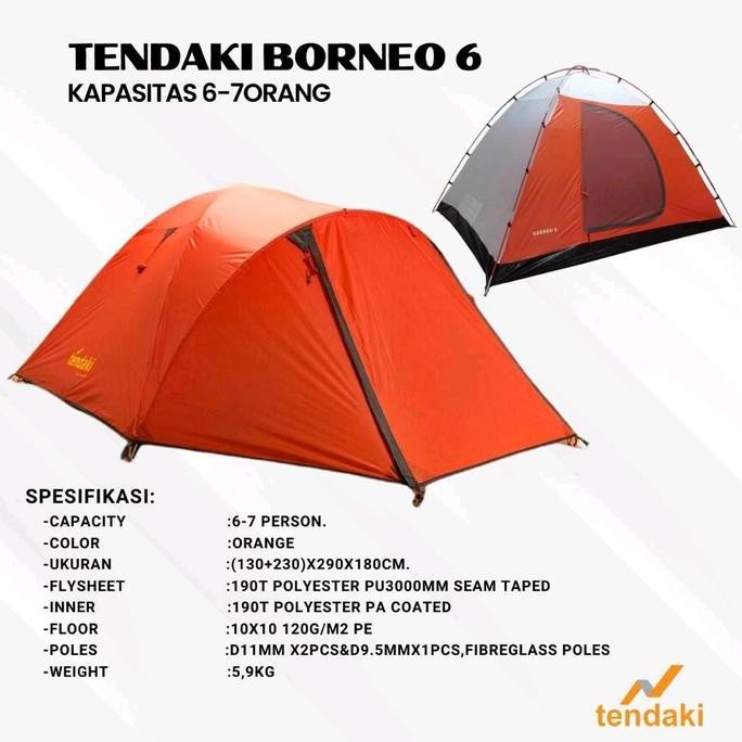 Tenda Borneo 6 Orange kapasitas 6-7 orang Doubel Layer SS