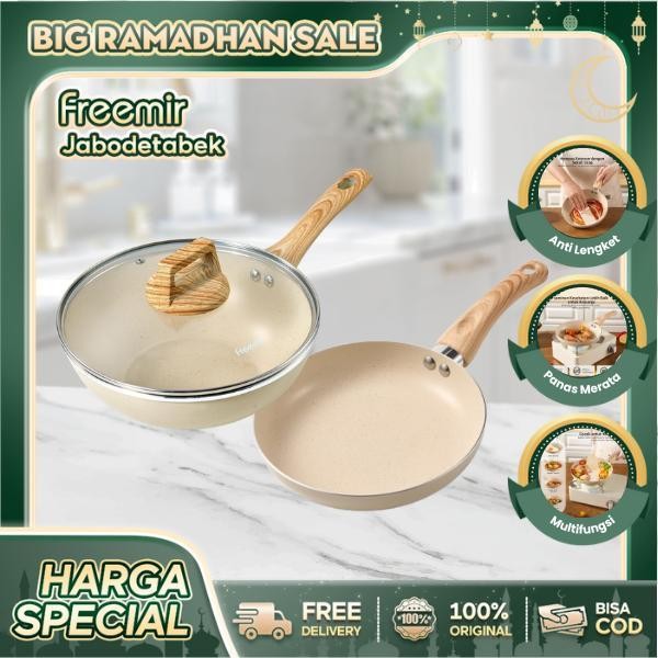 [Mega Sale] [Crehom Exclsuive] Freemir Set 24 Cm Dapat Wajan Penggorengan 24 Cm Granit Putih Beige T