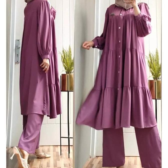 New Sania Set Jumbo-Setelan Celana+Tunik Polos Full Kancing Ld 120 Busui Frendly Model Tunik Susun
