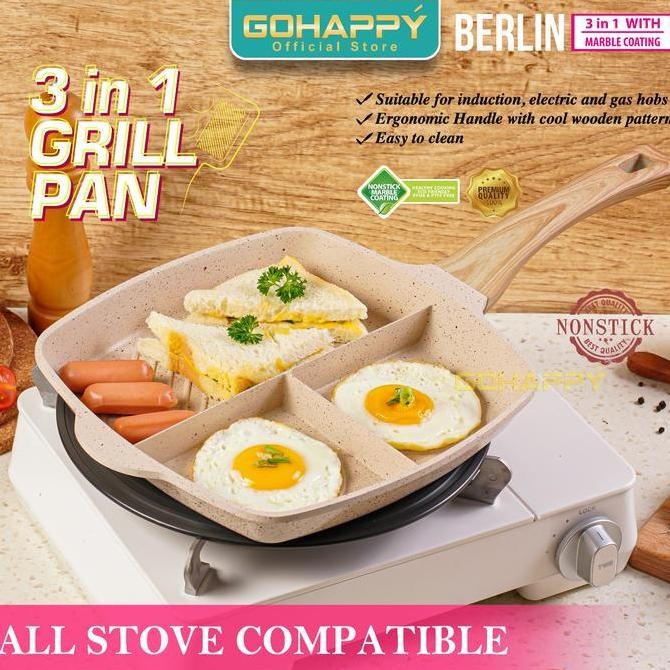Panci Grill Pan 3 Sekat Anti Lengket - Berlin Go Happy Alat Pemanggang