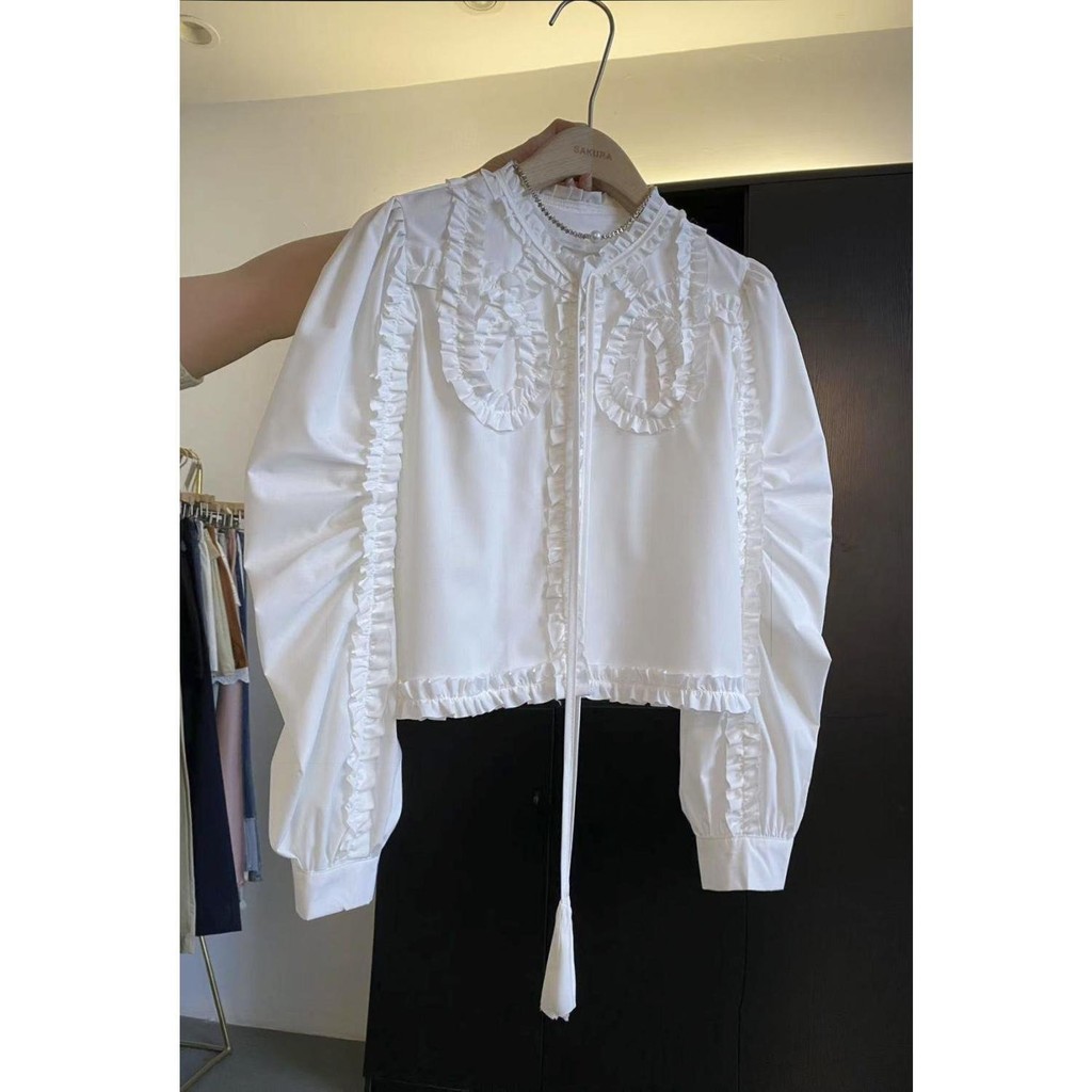 Korean Style Women's simple Design Ruffled Puff Sleeve Long Sleeve Shirt Little Chanel Style Top