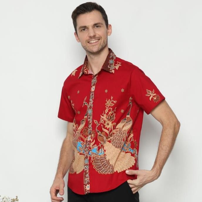 KEMEJA BATIK PRIA LENGAN PENDEK / BATIK MERAH COUPLE / BAJU IMLEK NATAL - 113 BRED