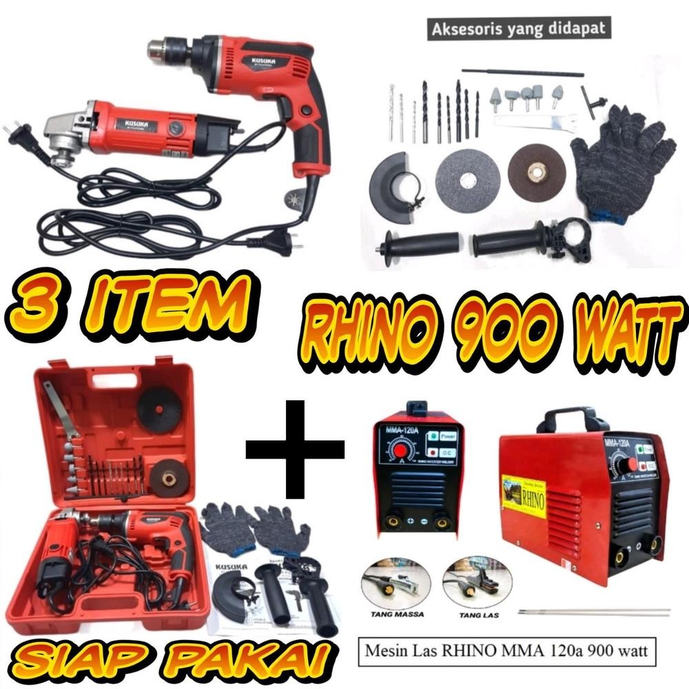 Terlaris Promo Murah Lebay Paket 3 Set Tukang Las : Mesin Las Rhino 900 Watt Merah + Bor 10 Mm + Ger