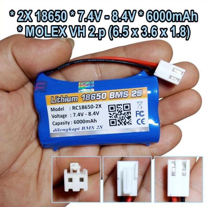 Batre, Baterai Lithium 18650 7.4V Maxs 8.4V 10000Mah, Batre Speaker, Soket Molex Vh 2 Pin & 3 Pin