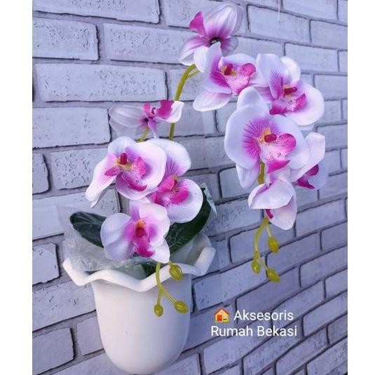 Set Bunga Plastik Anggrek 2 Cabang Besar Dengan Pot Dinding Ombak Nugi
