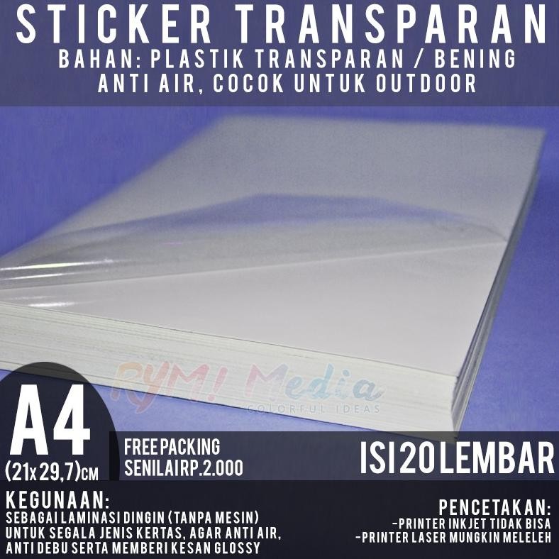 

Stiker Transparan A4 isi 20 lbr / Kertas Sticker Transparant Laminasi Nugi