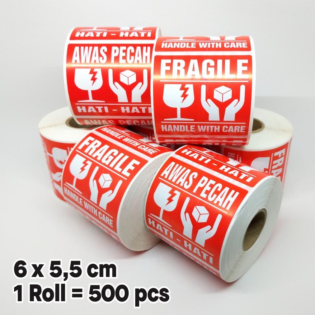 Stiker Label Fragile Handle with Care Stiker Awas Pecah Hati-hati 6 x 5,5 cm (1 roll/ 500 pcs) Nugi