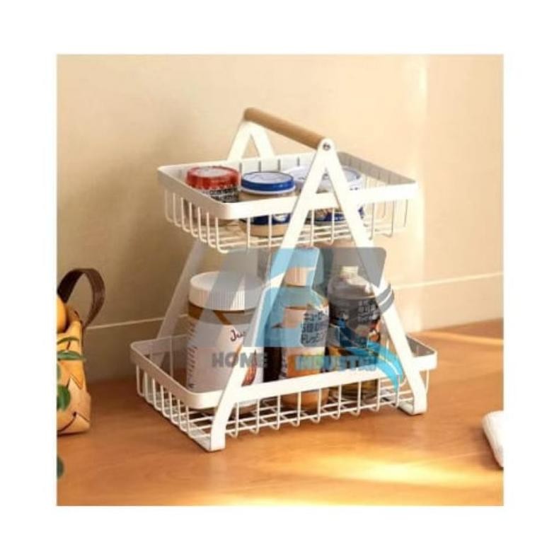 Kranjang Rak Dapur Rak Buah Besi Rak Dapur Besi Kayu Serbaguna 2 Susun Bawang Buah Estetik Nugi