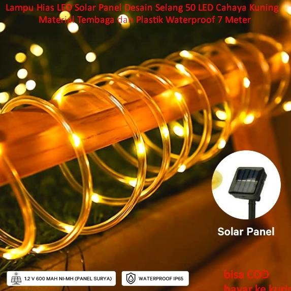 Lampu Hias LED Solar Panel Desain Selang 50 LED Cahaya Kuning Material Tembaga dan Plastik Waterproo