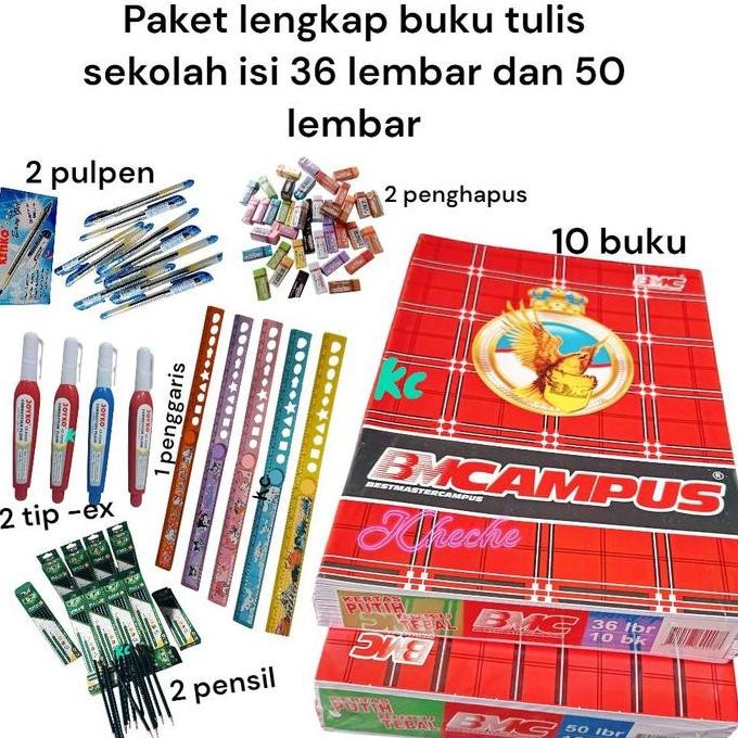 

READY PAKET LENGKAP BUKU TULIS BESAR 36 LEMBAR 10 BUKU + BONUS ALAT TULIS (PULPEN, PENSIL, PENGHAPUS, TIP-EX, PENGGARIS)