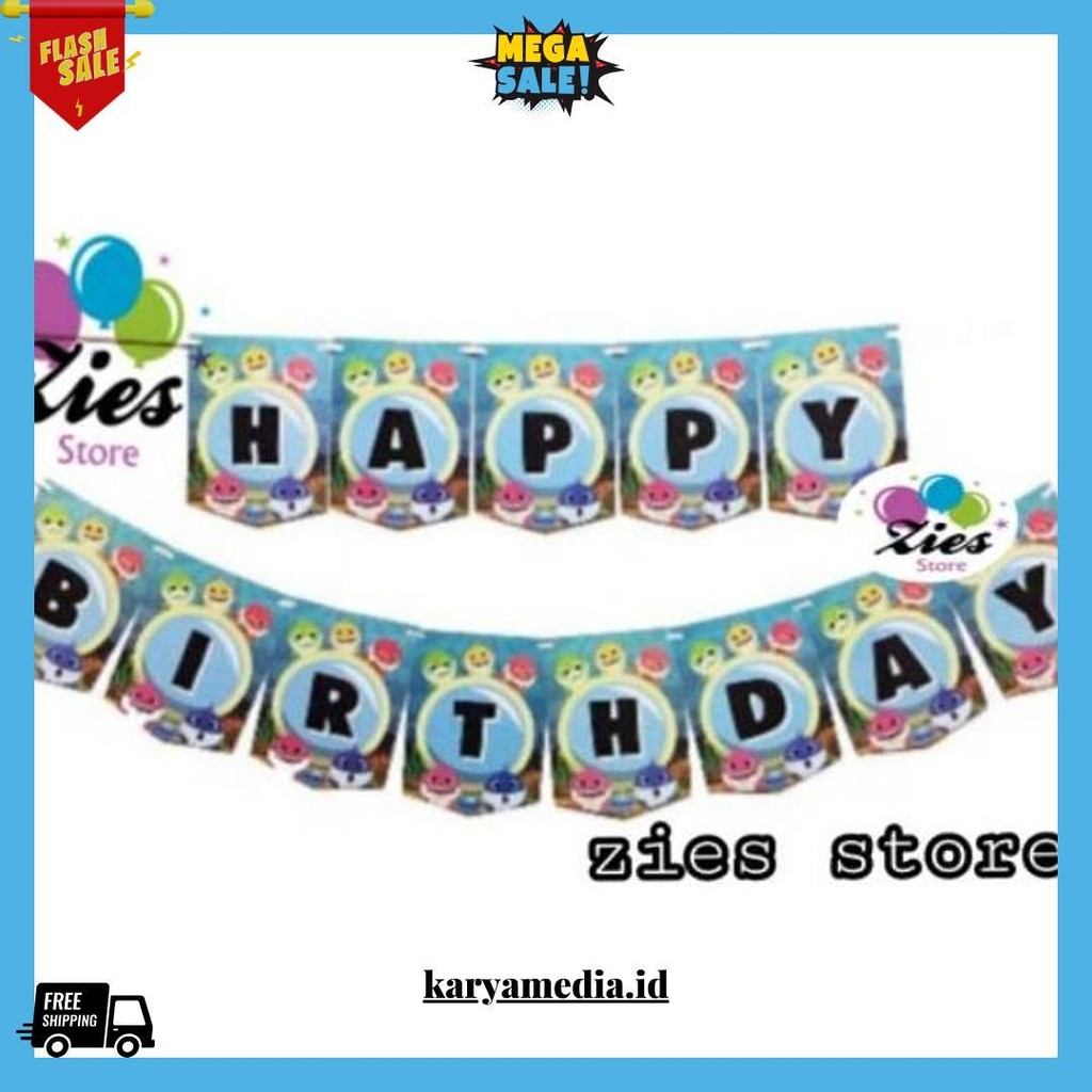 Banner Happy Birthday Baby Shark / Banner Ulang Tahun Baby Shark Termurah Banget
