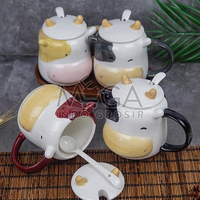 Mug Keramik Sapi Cow Sendok Gelas Ceramic Minum Kopi Teh Premium Impor