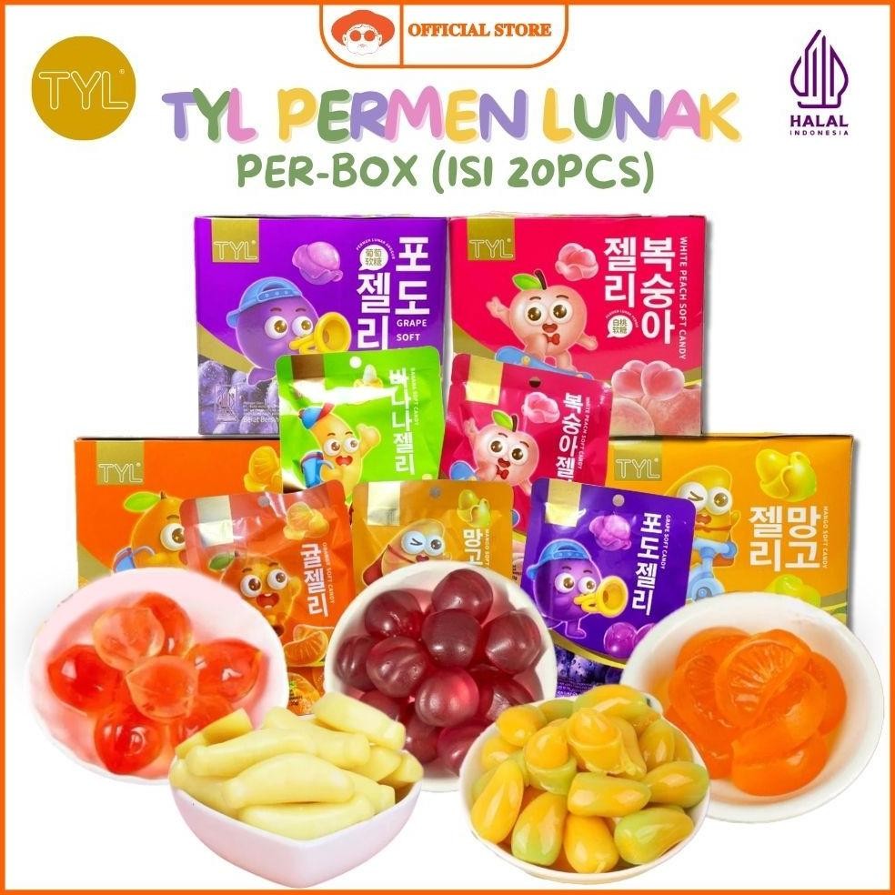 

TYL Permen Lunak Kupas (Per-Box) isi 20pcs x 20gr Rasa Buah Grape, Banana, Mango, Peach / Baopi Gummy Soft Candy aSt