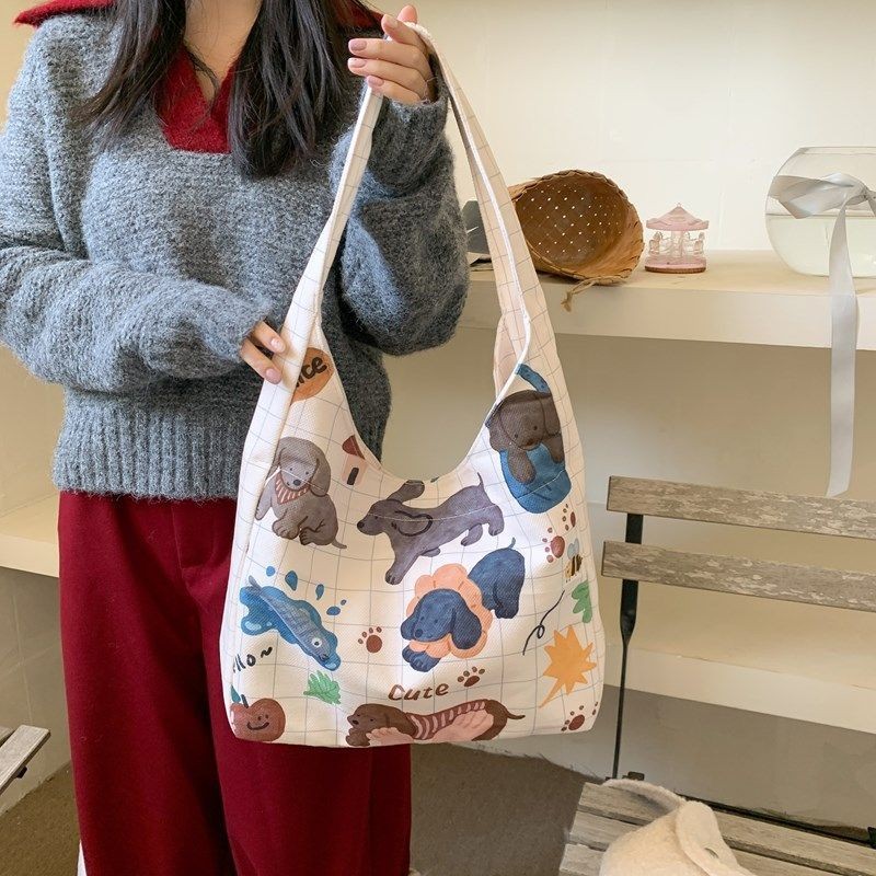 【Tas Bagus】【COD】Ilustrasi Kartun Baru Tas Bahu Serbaguna Kapasitas Besar Tas Kain Asli Populer Tas J