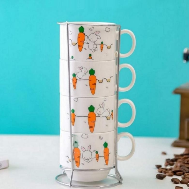 Gelas Keamik Susun Flower / Gelas Keramik Susun Summer / Cangkir Keramik Susun Cats/ Mug Keramik 4 S