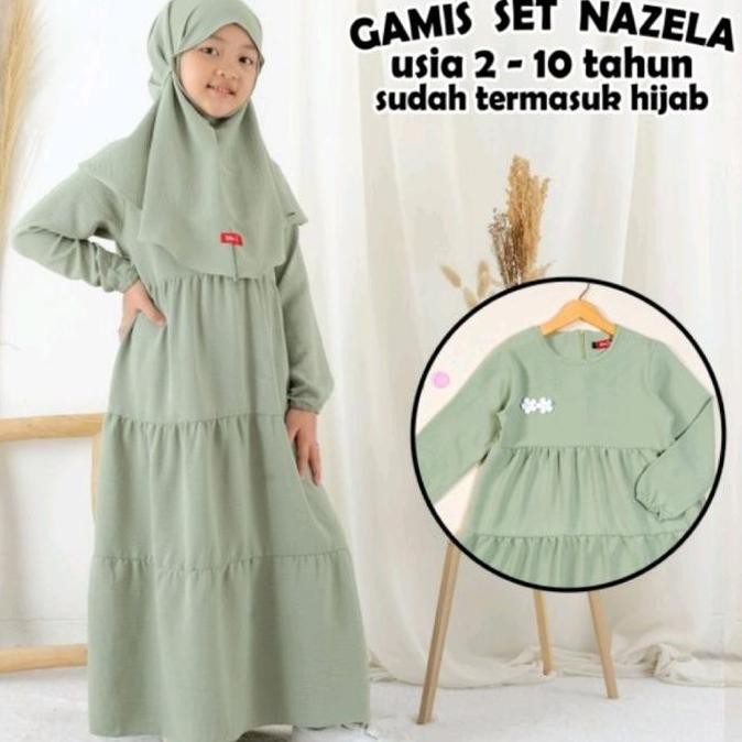 GKI Gamis set nazela hitam Putih Polos Hitam Muslim Anak Crinkle Airflow Panjang Dress Baju Setelan 