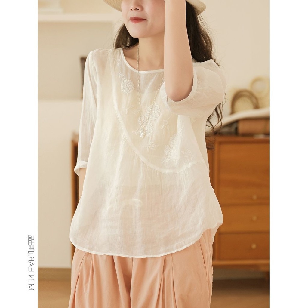 Kemeja Bordir Katun Linen Wanita Berkualitas Tinggi Blus Atasan Katun Linen Santai