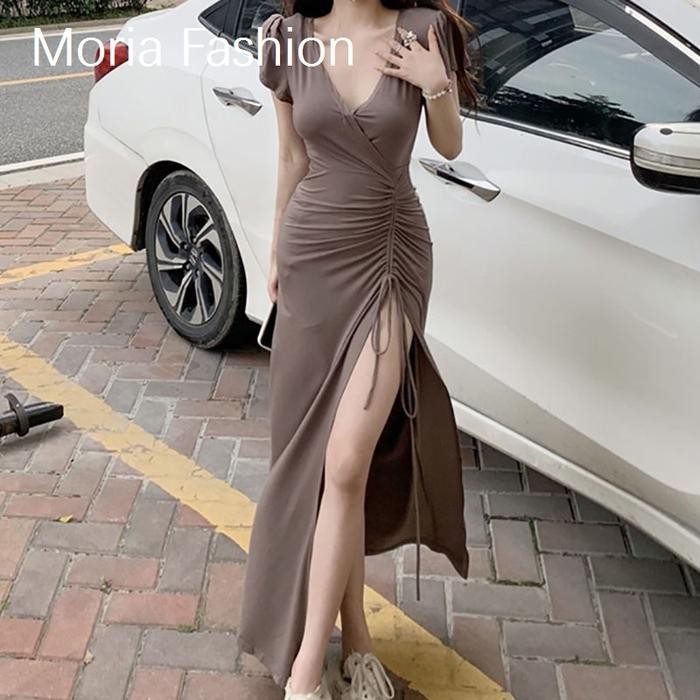 Dd Moria Qz074 Longdress Rib Serut Korean Long Dress/Terusan Panjang/Dress Bodycon Maxi Dress Korea 