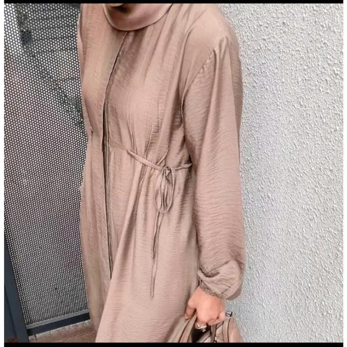 Dd Hazel Gamis Wanita Midi Dress Kain Polo Linen Tali Pinggang Polos Kancing Panjang