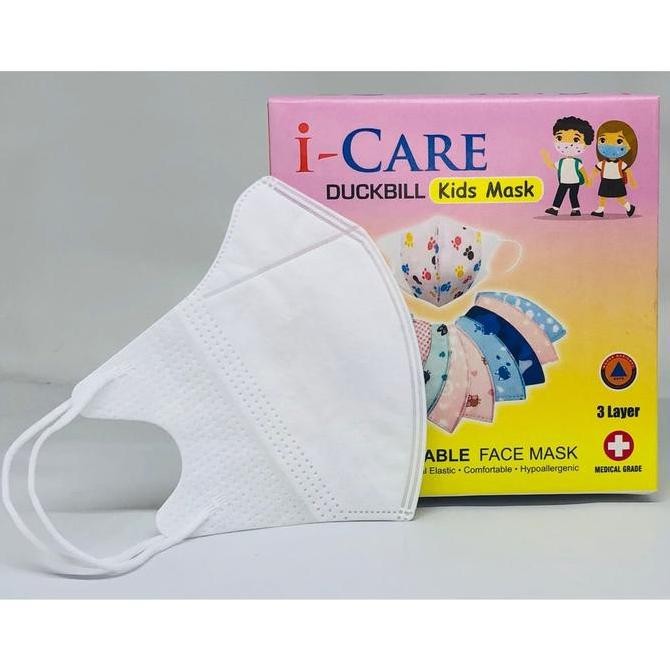 (Allthebest) Masker ANAK DUCKBILL 3ply motif kids earloop 3 lapis i-Care - Putih Polos