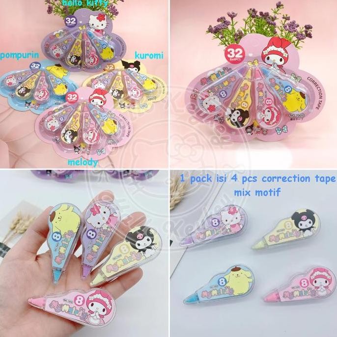 

Set 4 Pcs Correction Tape Tip Ex Hello Kitty Melody Pompompurin Kuromi