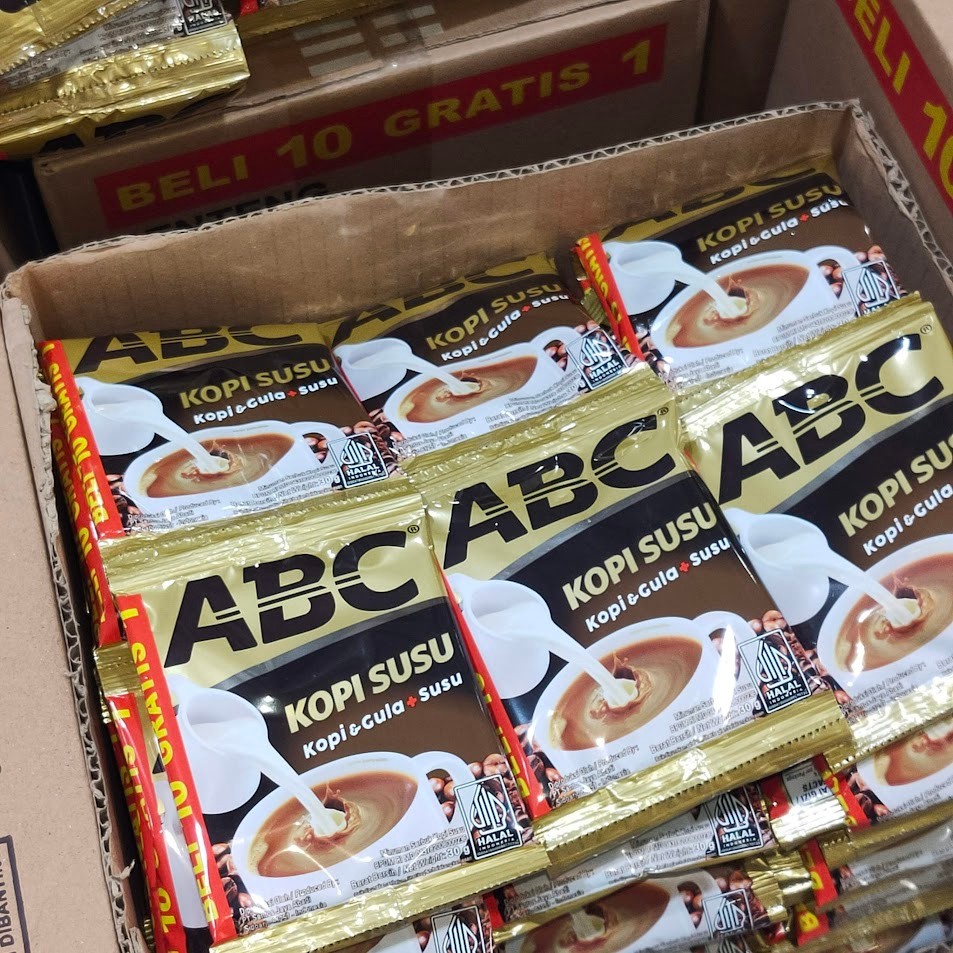 

ABC Kopi Susu renceng [1karton isi 120+12 sachet] Kopi instan Gula + Susu PROMO Beli 10 gratis 1