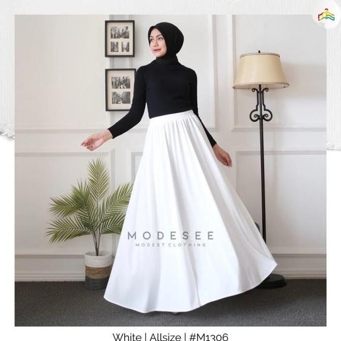 (Allthebest) Modesee Rok Payung Panjang Putih Polos Wanita Muslim Circle SkirtWhite