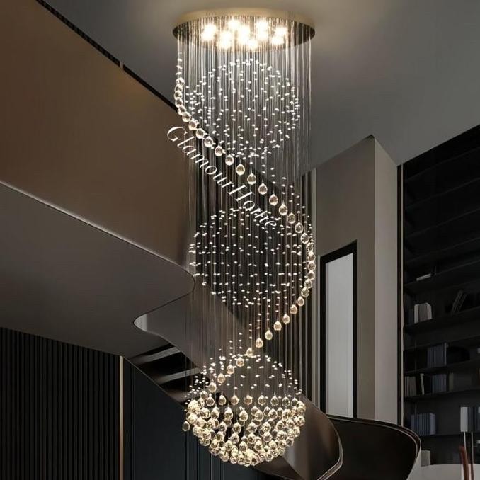 Lampu Gantung Void Kristal LED Spiral / Lampu Plafon Tangga Kristal