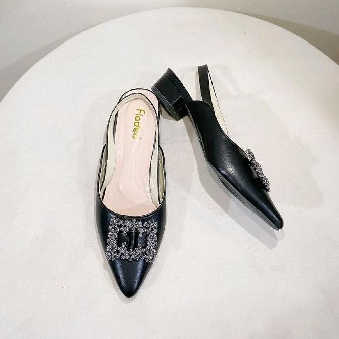 Fladeo Sandal Perempuan Heels Selop Mewah Tali Belakang Kotak Mewah Shoes Wanita Sendal Karet Cewek 