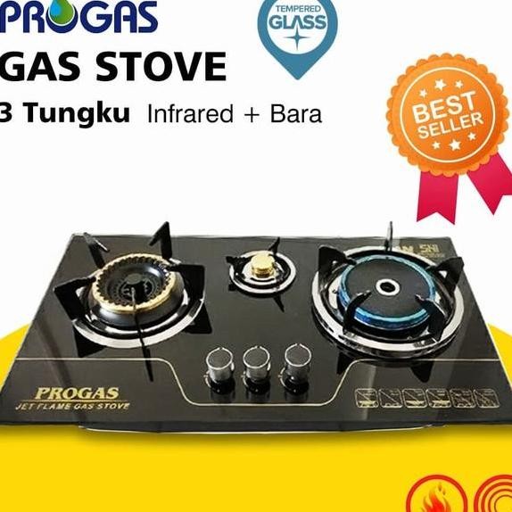 Kompor Gas Tanam Infrared Gas Progas 3 Tungku Tempered Glass