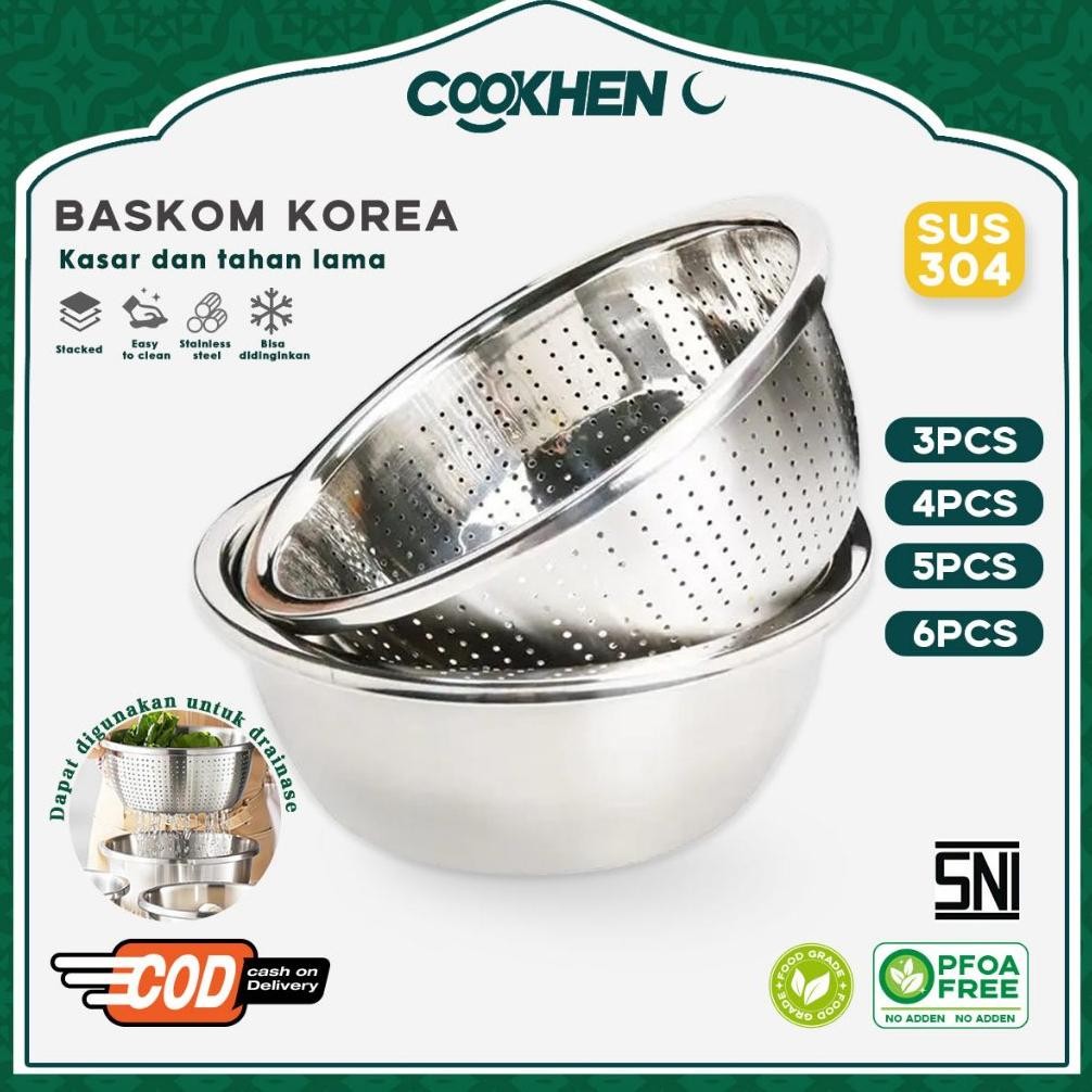 Cookhen Baskom Set 5in1 Wadah Baskom Stainless Baskom Cuci Beras Stainless Saringan Baskom Stainless