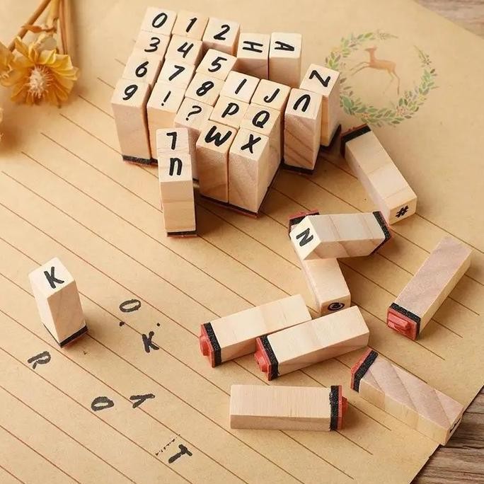 

40 Pcs Wooden Stamp Alphabet Number Stempel Angka Dan Huruf Aesthetic Retro