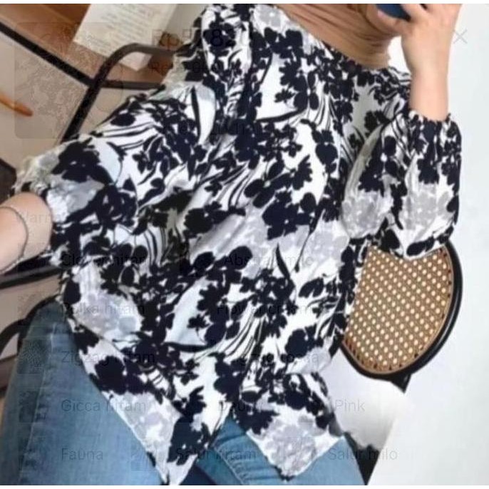 Atasan Wanita Kekinian Motif Rayon Kameja Wanita Lengan Panjang Blouse HM