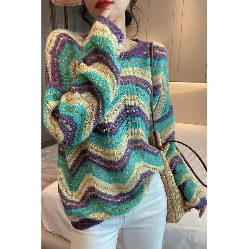 Sweater Wanita Retro Rajut Berongga Longgar Pakaian Luar Gaya Santai